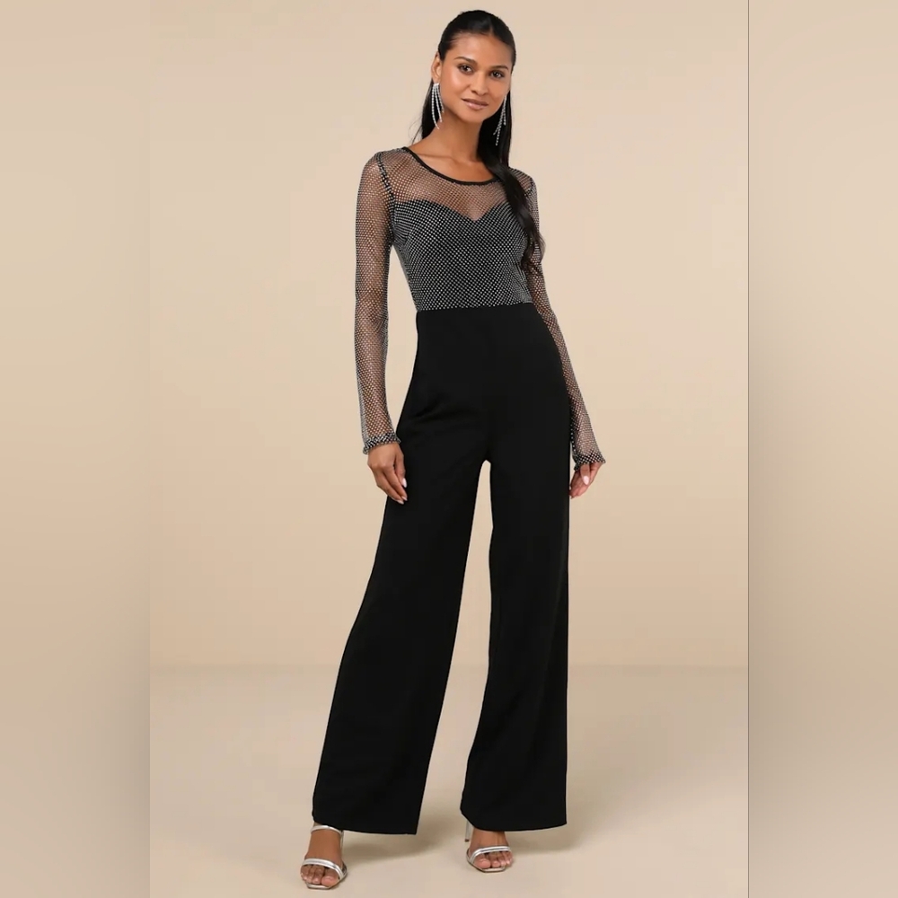 Lulus Beyond Glamorous Black Fishnet Rhinestone Jumpsuit NWT Size Medium